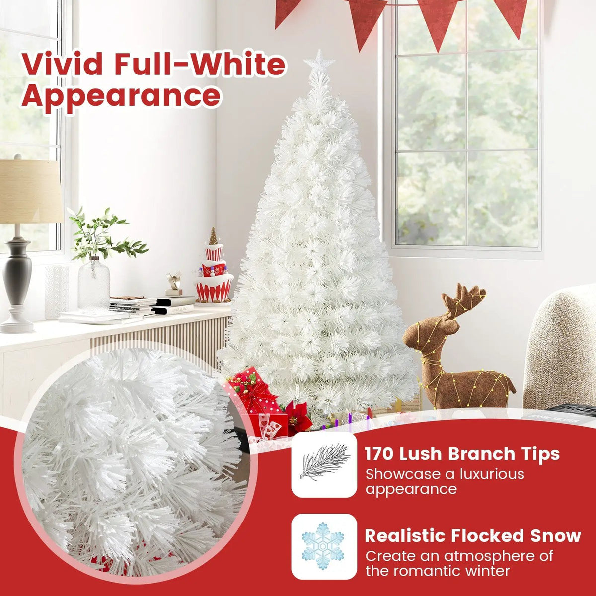 6/7 Feet Pre-Lit Fiber Optic White Snow-Flocked Artificial Christmas Tree, photo 9 of 24