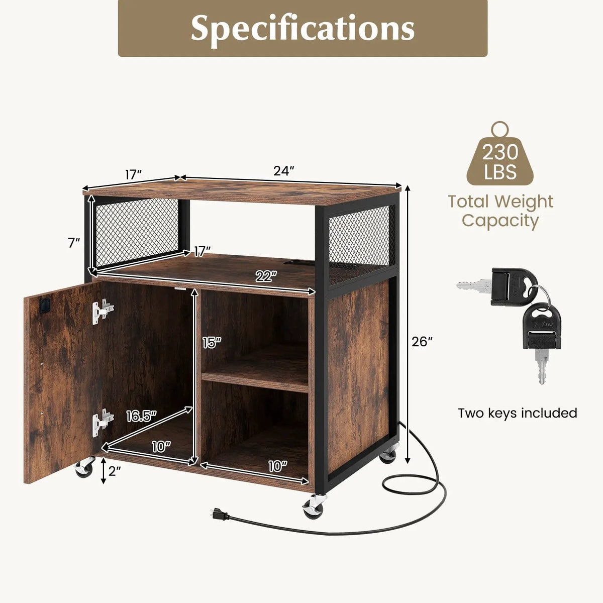 File Cabinet on Wheels with Charging Station and Cable Management Hole, photo 5 of 9