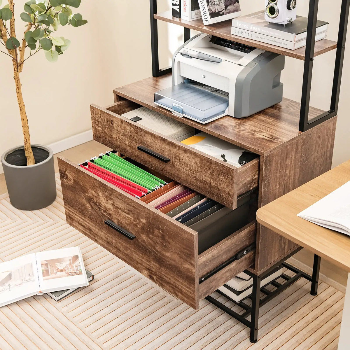 Freestanding File Cabinet with Charging Station and 3-Tier Open Shelves, photo 2 of 9