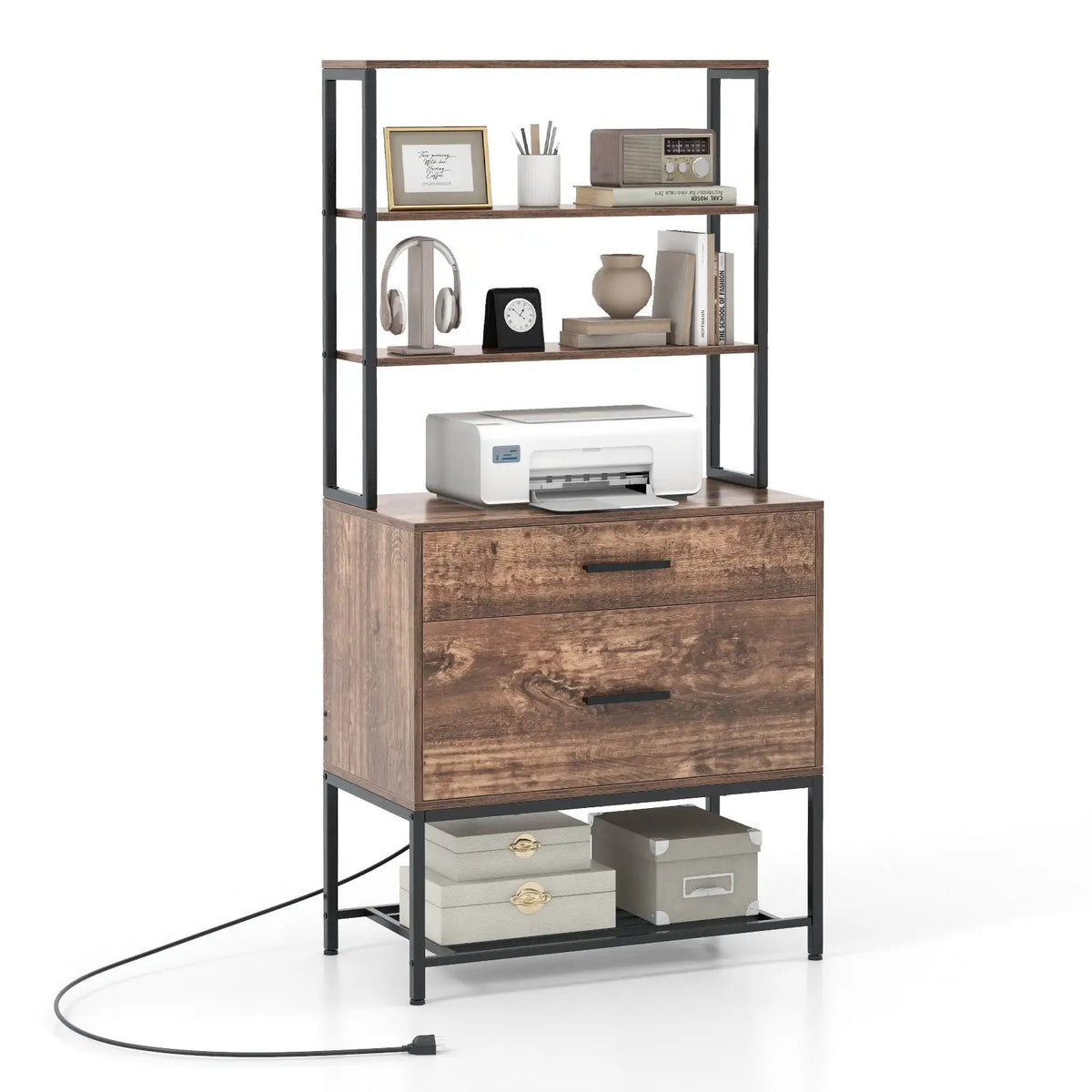 Freestanding File Cabinet with Charging Station and 3-Tier Open Shelves, photo 3 of 9
