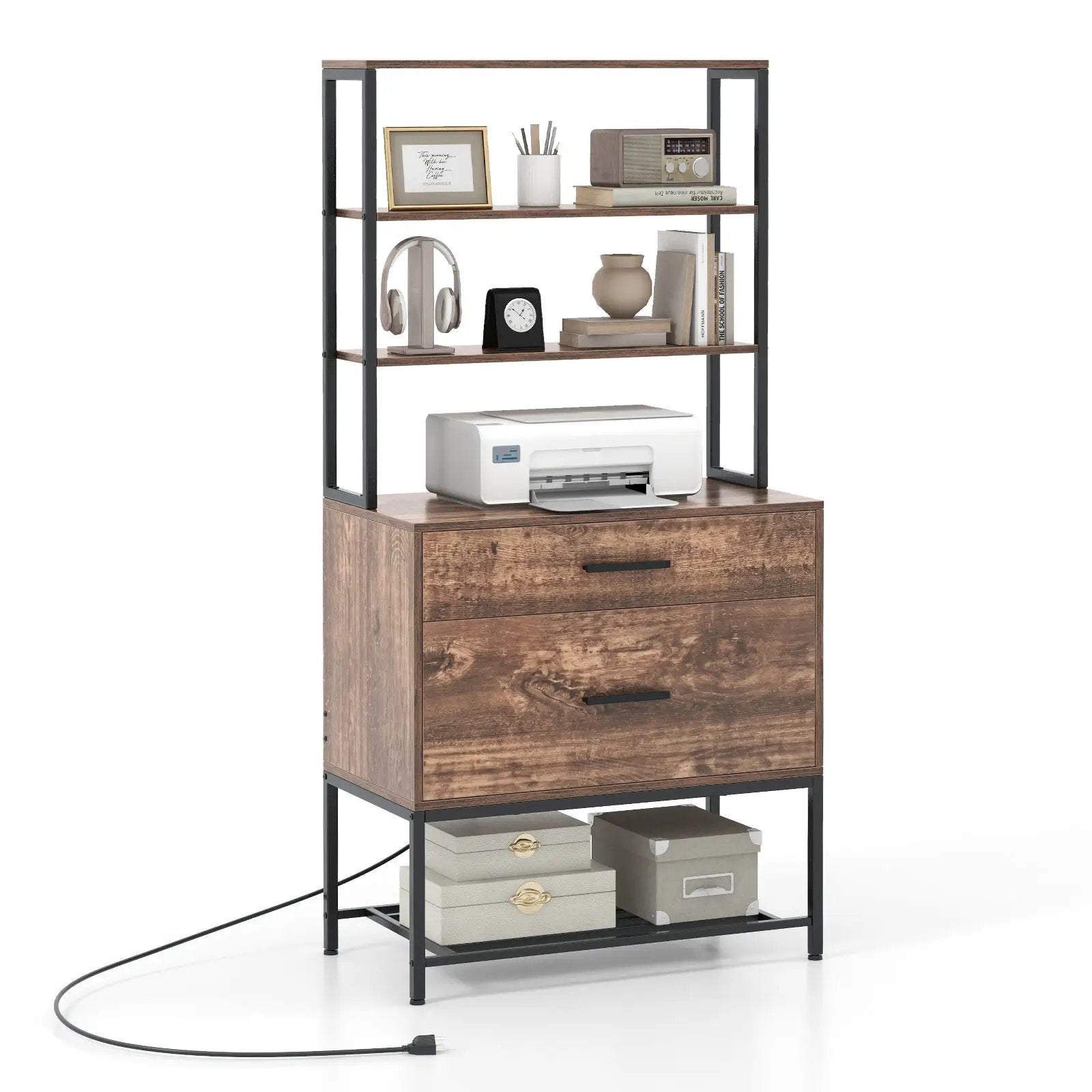 Freestanding File Cabinet with Charging Station and 3-Tier Open Shelves by DirectDeals
