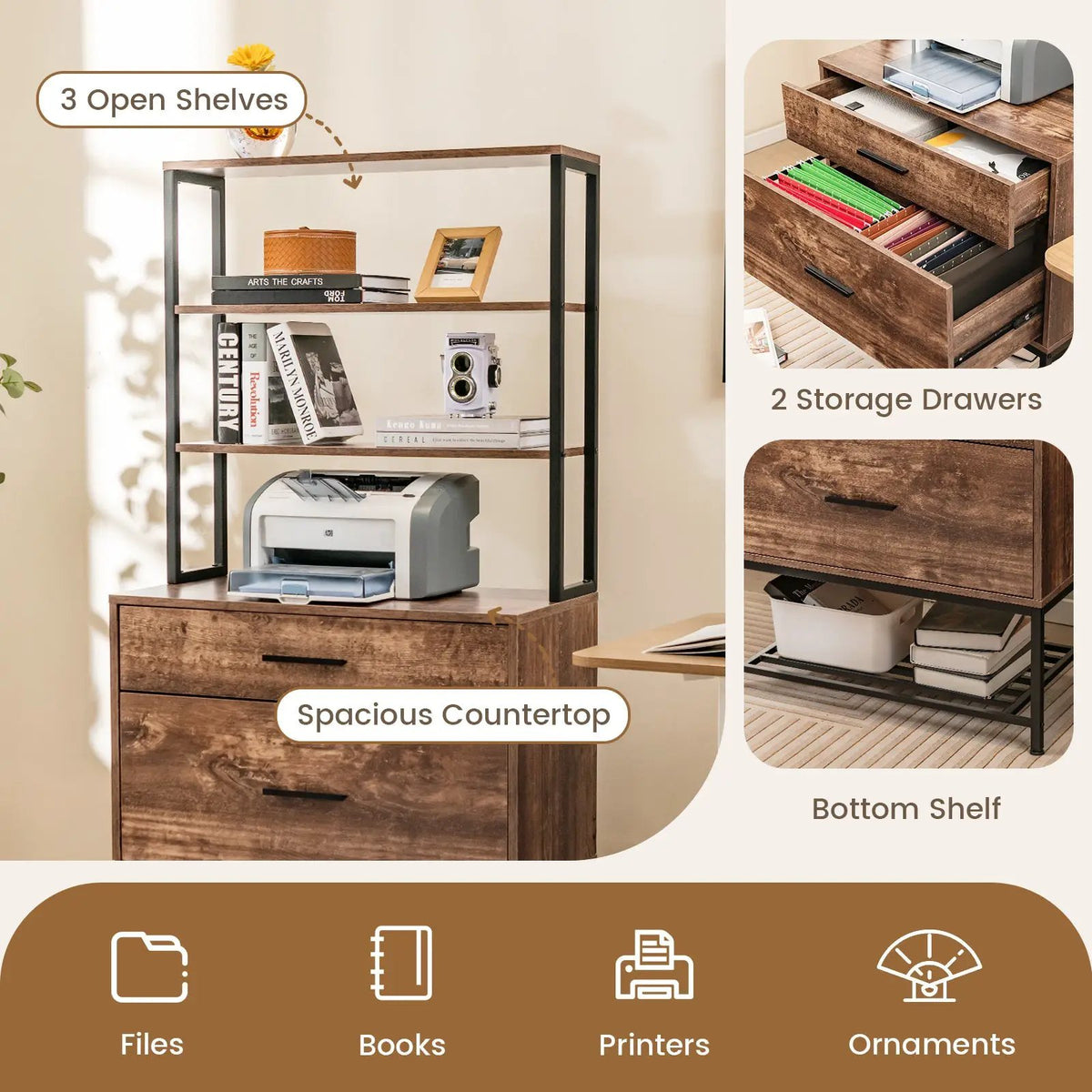 Freestanding File Cabinet with Charging Station and 3-Tier Open Shelves, photo 6 of 9