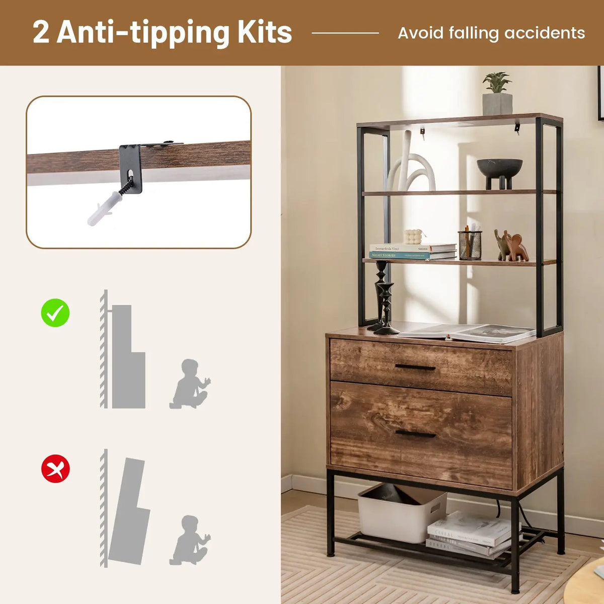 Freestanding File Cabinet with Charging Station and 3-Tier Open Shelves, photo 8 of 9