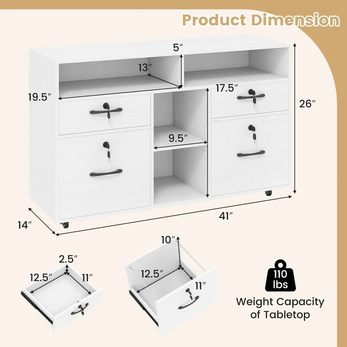 File Cabinet with Lock Mobile Lateral Filing Storage Organizer Modern Rolling Printer Stand, photo 7 of 16