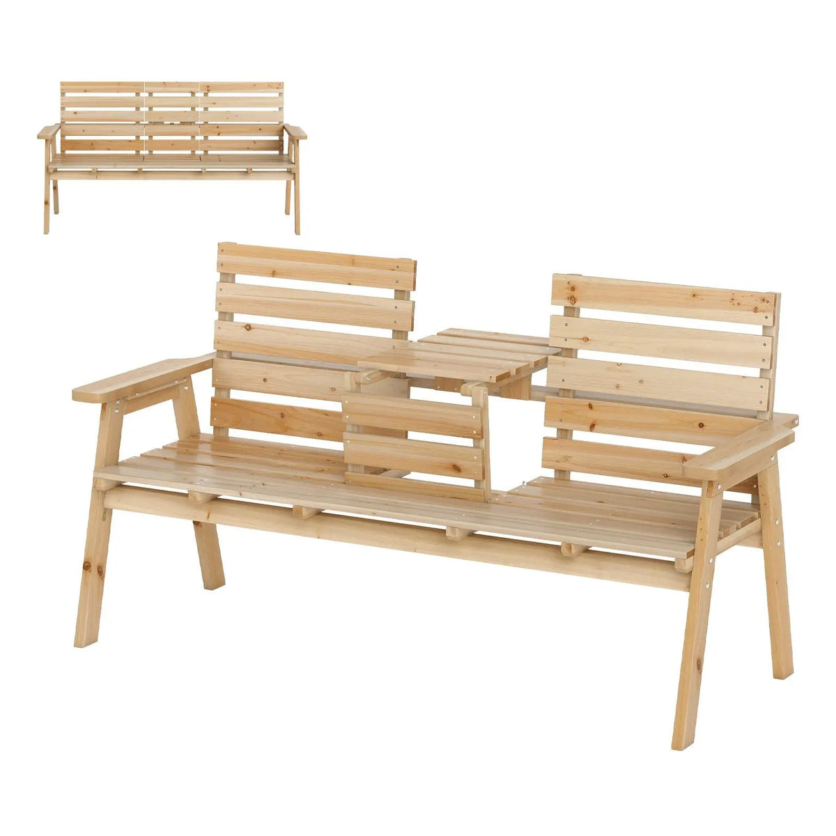 Outdoor Fir Wood Bench with Foldable Middle Table, photo 9 of 9