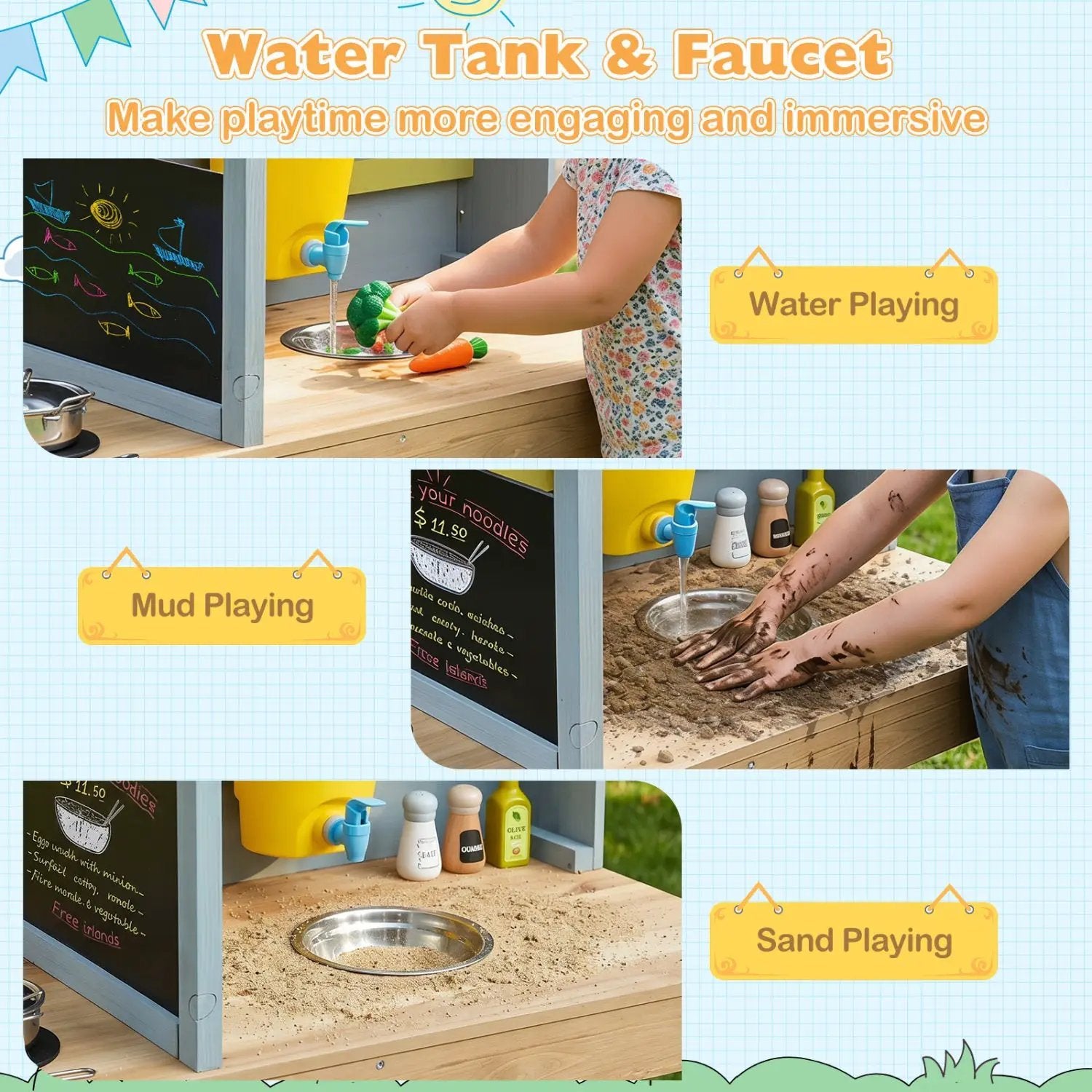 Kids Wooden Mud Kitchen Playset with Canopy and Faucet by DirectDeals