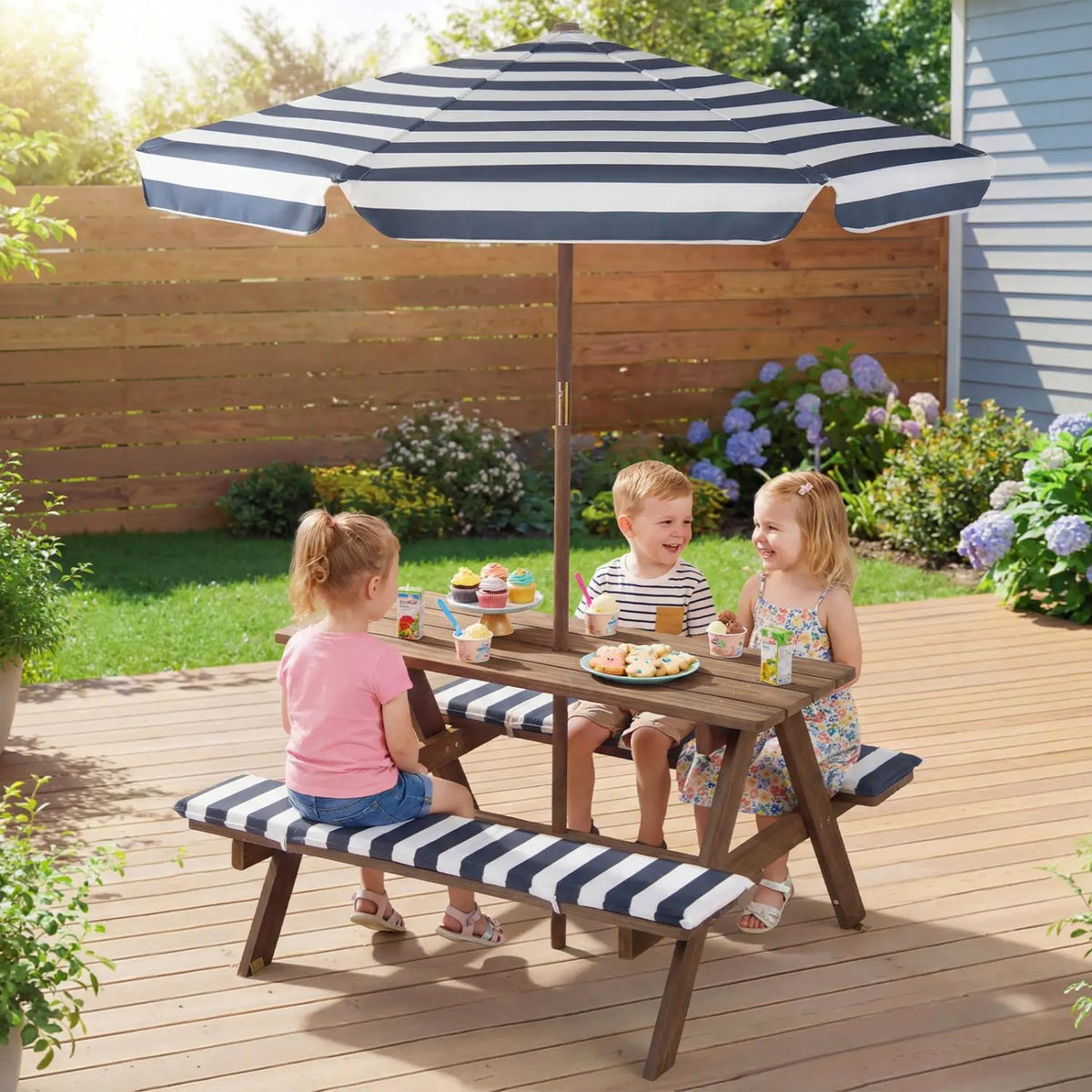 Fir Wood Kids Picnic Table with 2 Built-in Benches and Umbrella, photo 3 of 16