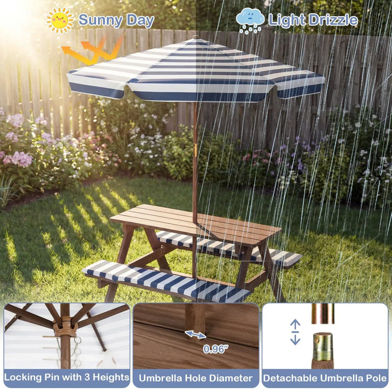 Fir Wood Kids Picnic Table with 2 Built-in Benches and Umbrella by DirectDeals