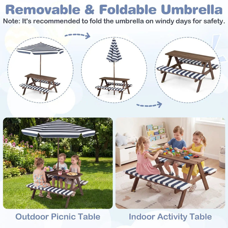 Fir Wood Kids Picnic Table with 2 Built-in Benches and Umbrella by DirectDeals