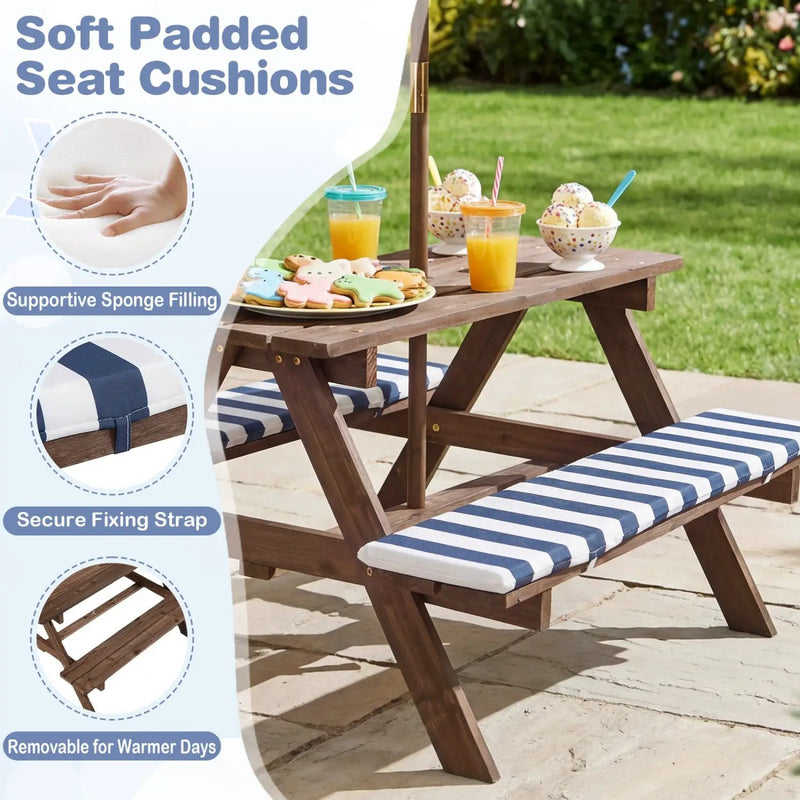 Fir Wood Kids Picnic Table with 2 Built-in Benches and Umbrella by DirectDeals