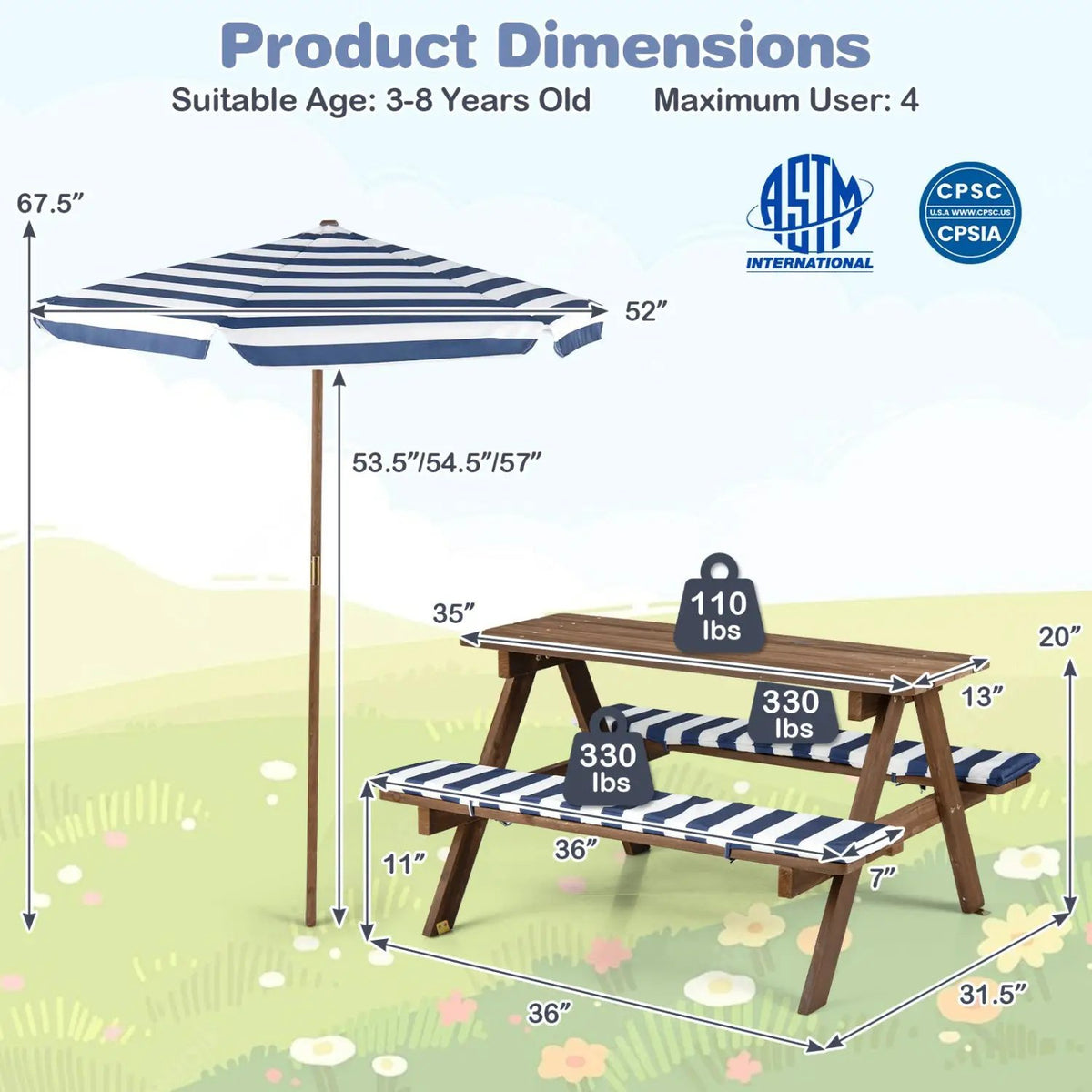 Fir Wood Kids Picnic Table with 2 Built-in Benches and Umbrella, photo 5 of 16