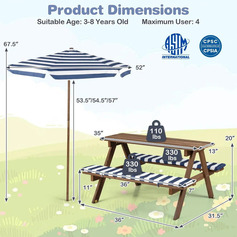 Fir Wood Kids Picnic Table with 2 Built-in Benches and Umbrella by DirectDeals