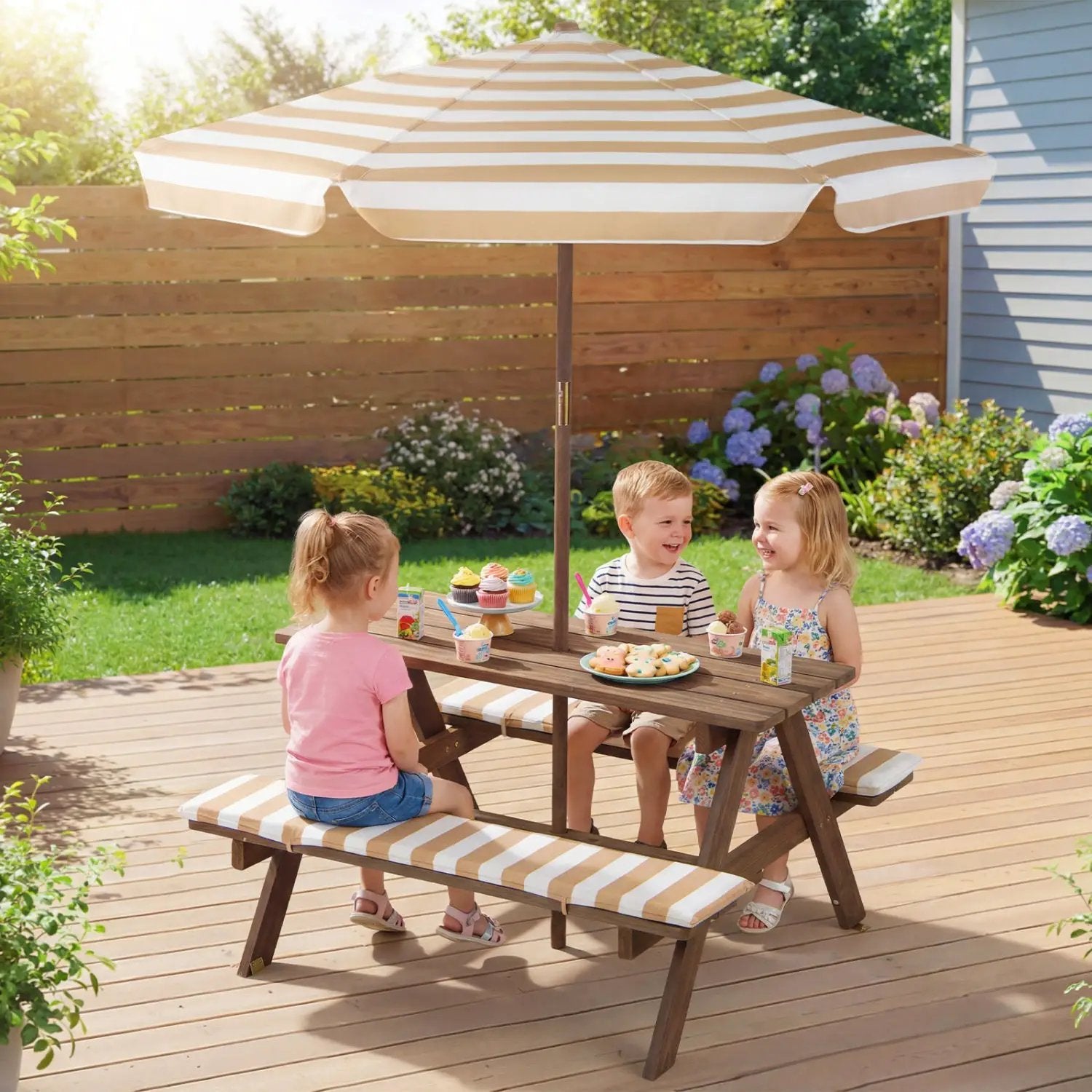 Fir Wood Kids Picnic Table with 2 Built-in Benches and Umbrella by DirectDeals