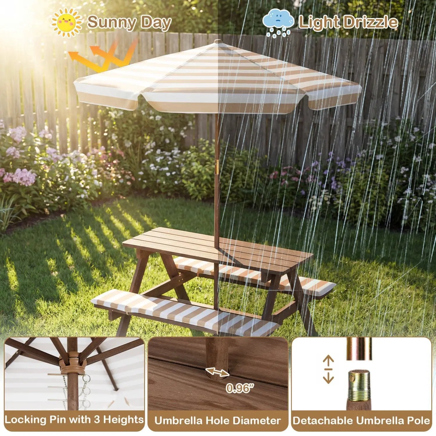 Fir Wood Kids Picnic Table with 2 Built-in Benches and Umbrella by DirectDeals