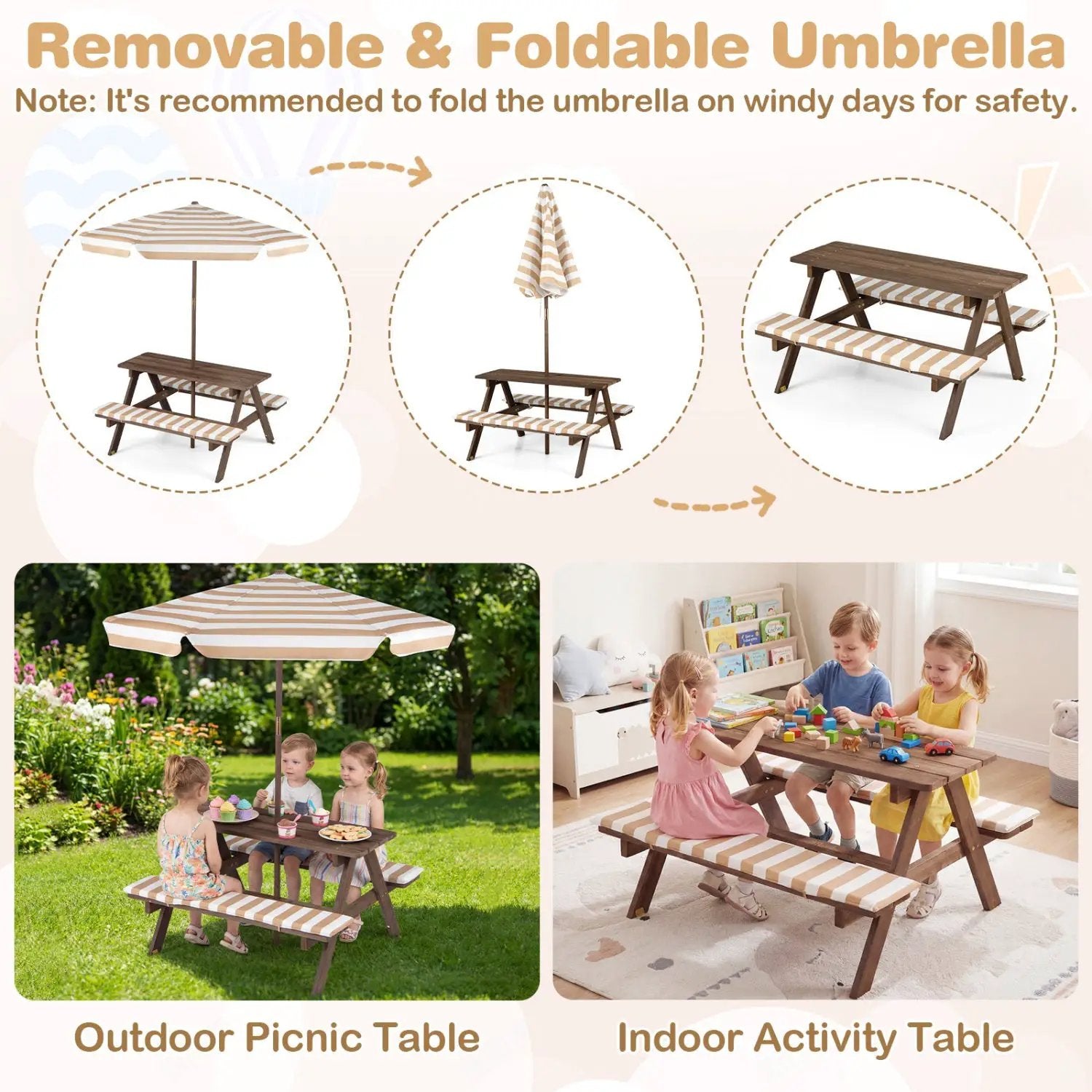 Fir Wood Kids Picnic Table with 2 Built-in Benches and Umbrella by DirectDeals