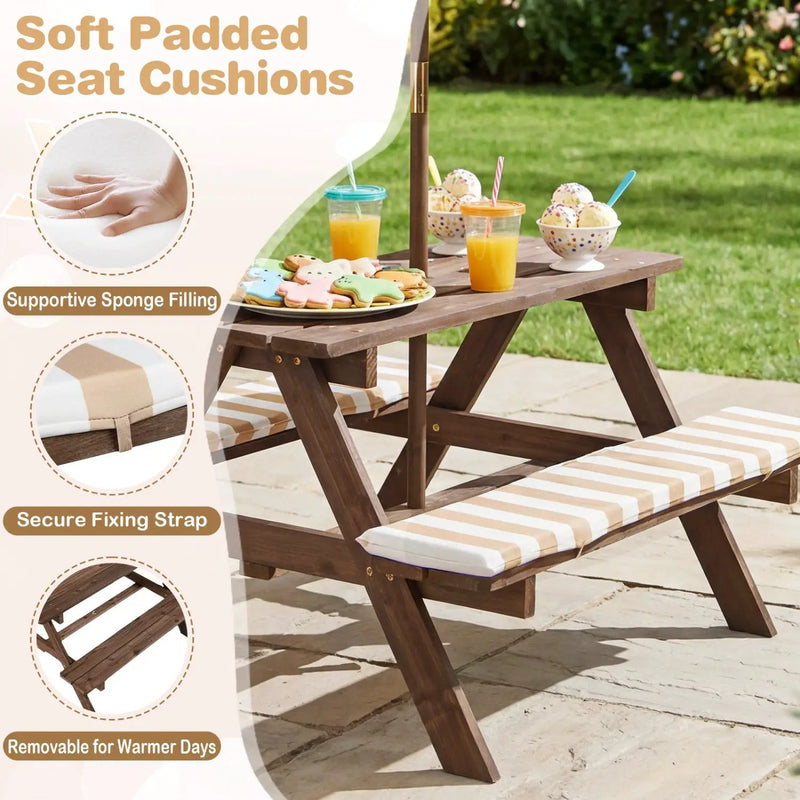 Fir Wood Kids Picnic Table with 2 Built-in Benches and Umbrella by DirectDeals