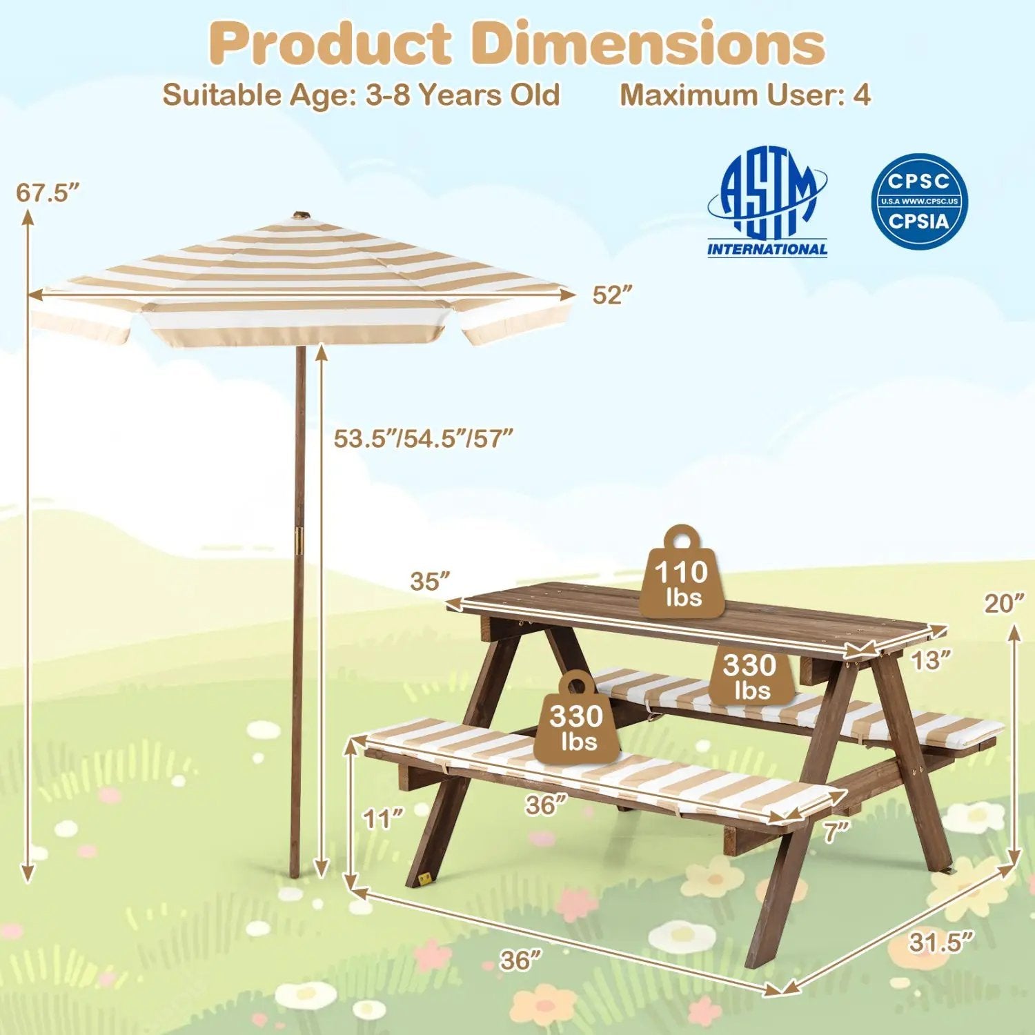Fir Wood Kids Picnic Table with 2 Built-in Benches and Umbrella by DirectDeals