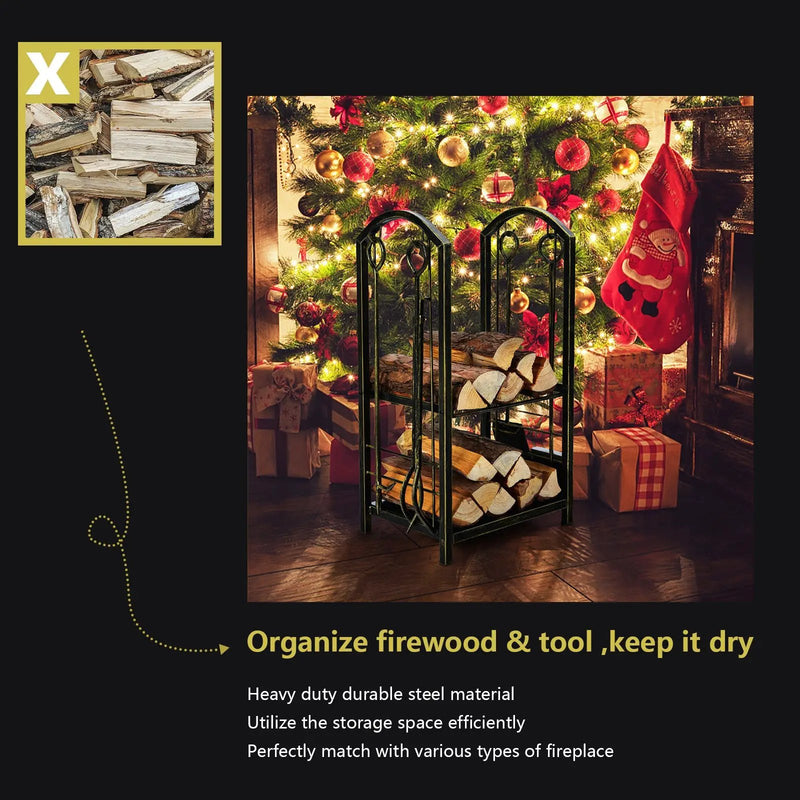 Fireplace Log Rack with 4 Tools Set Fireside Firewood Holder by DirectDeals