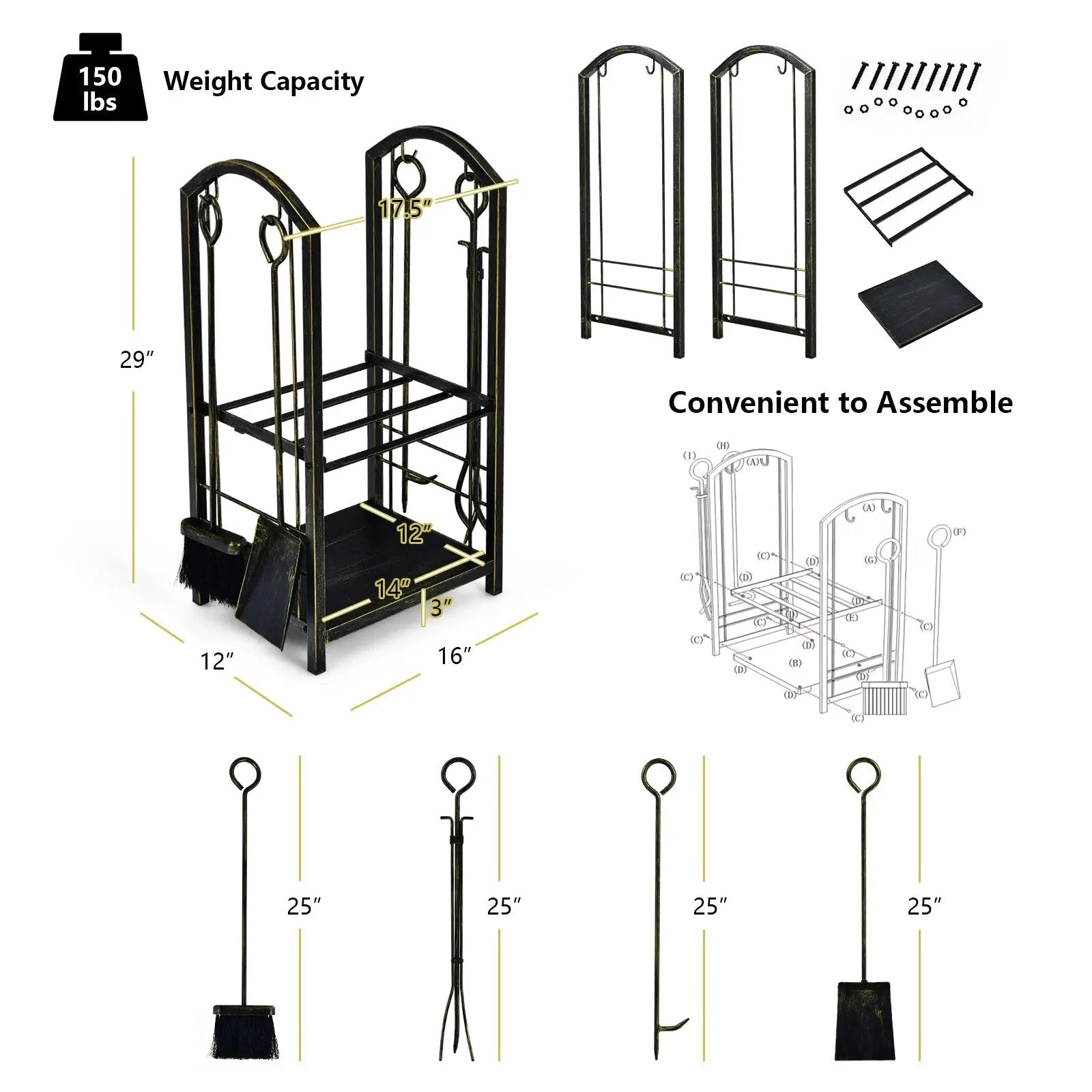Fireplace Log Rack with 4 Tools Set Fireside Firewood Holder by DirectDeals