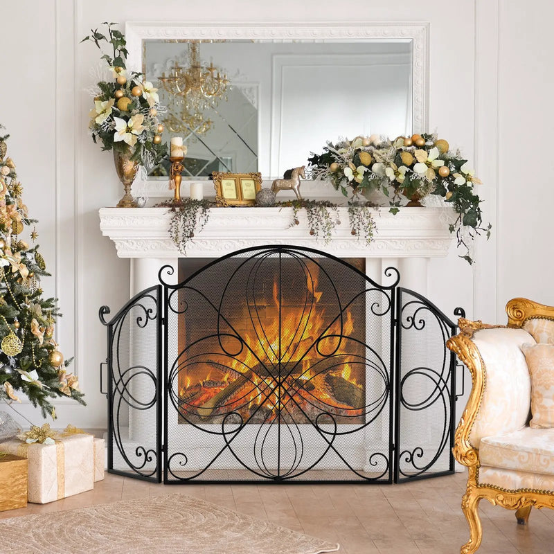 59.5 x 32.5 Inch Fireplace Screen with Floral Pattern-Black by DirectDeals