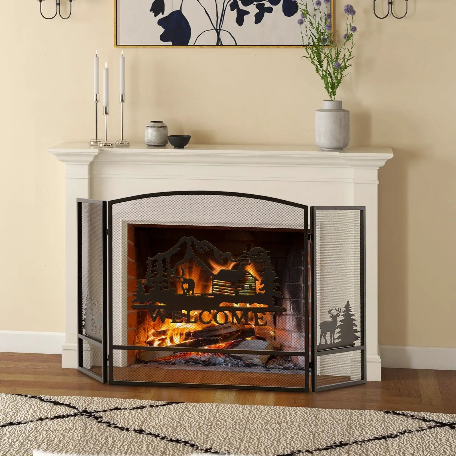55 x 29.5 Inch Fireplace Screen with Natural Scenery and Moose Pattern-Black by DirectDeals