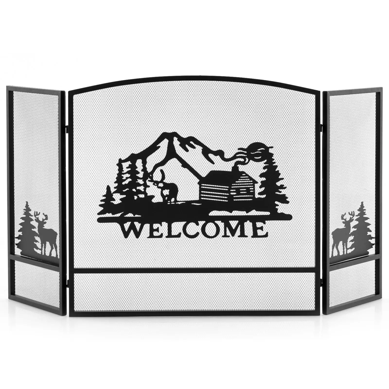 55 x 29.5 Inch Fireplace Screen with Natural Scenery and Moose Pattern-Black by DirectDeals