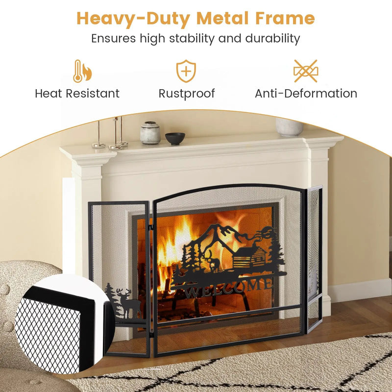 55 x 29.5 Inch Fireplace Screen with Natural Scenery and Moose Pattern-Black by DirectDeals