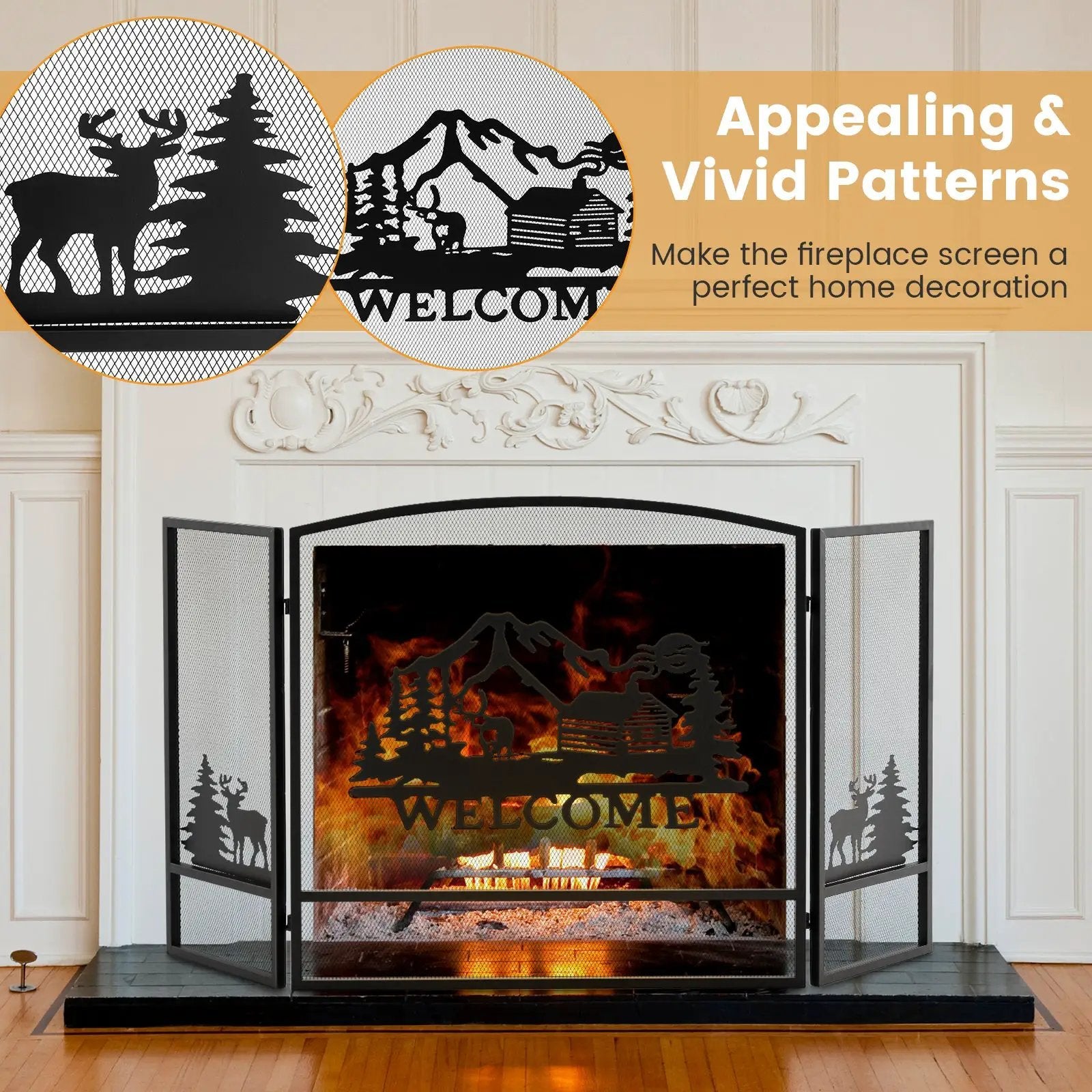 55 x 29.5 Inch Fireplace Screen with Natural Scenery and Moose Pattern-Black by DirectDeals