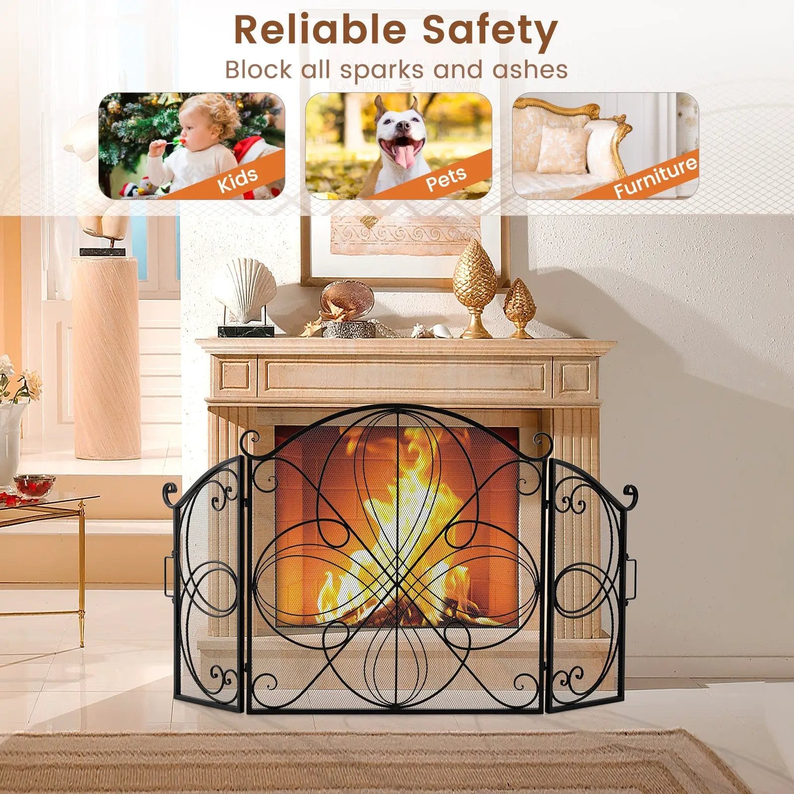 59.5 x 32.5 Inch Fireplace Screen with Floral Pattern-Black by DirectDeals