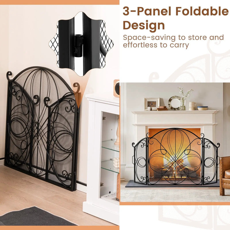 59.5 x 32.5 Inch Fireplace Screen with Floral Pattern-Black by DirectDeals