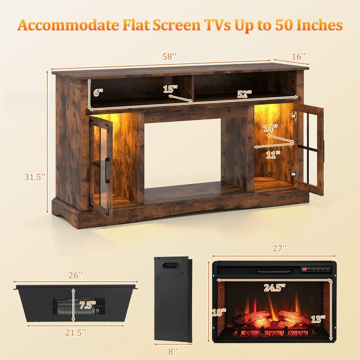 Fireplace TV Stand with Remote Controls and Thermostat for TVs Up to 50 Inch by DirectDeals