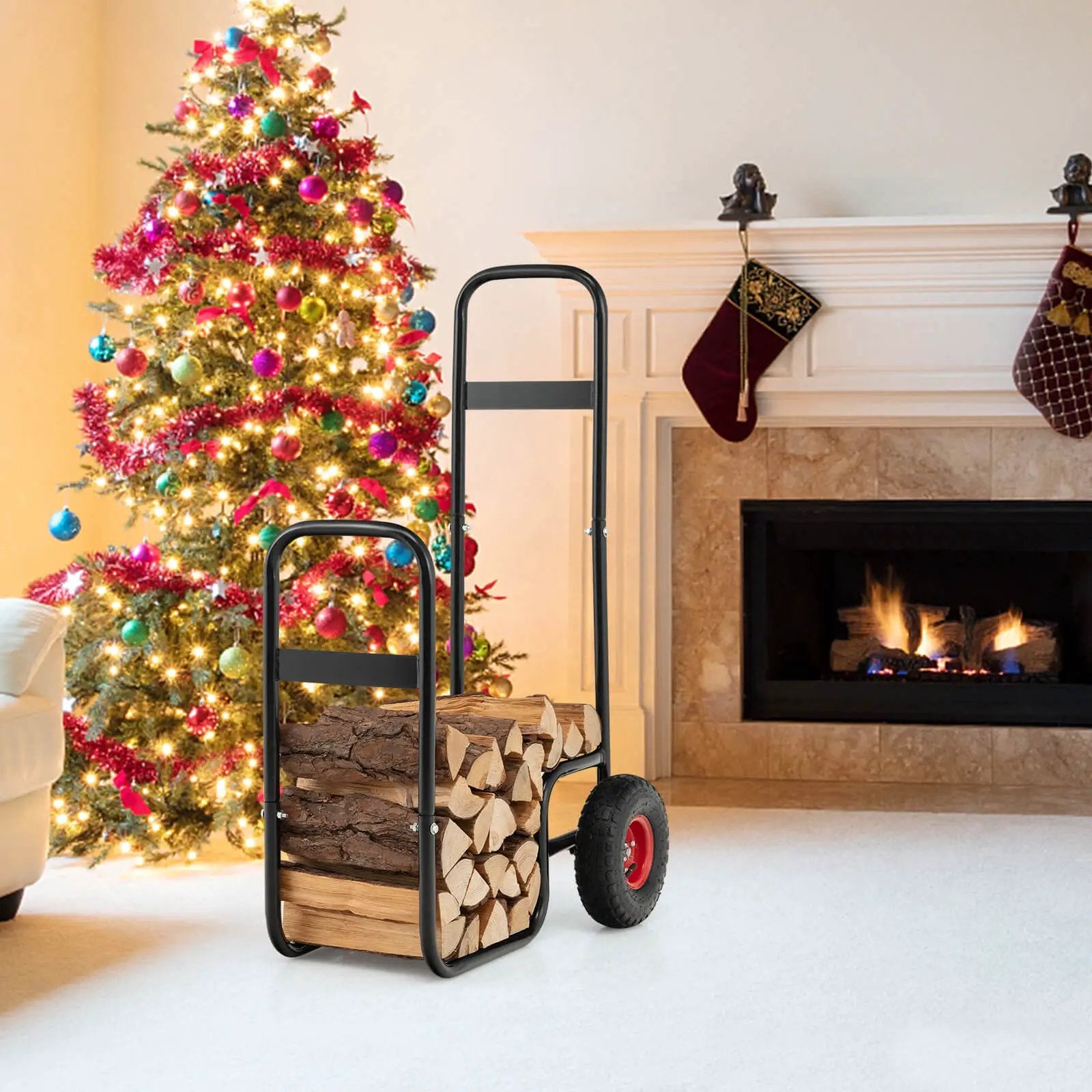 Firewood Log Cart Carrier with Wear-Resistant and Shockproof Rubber Wheels by DirectDeals