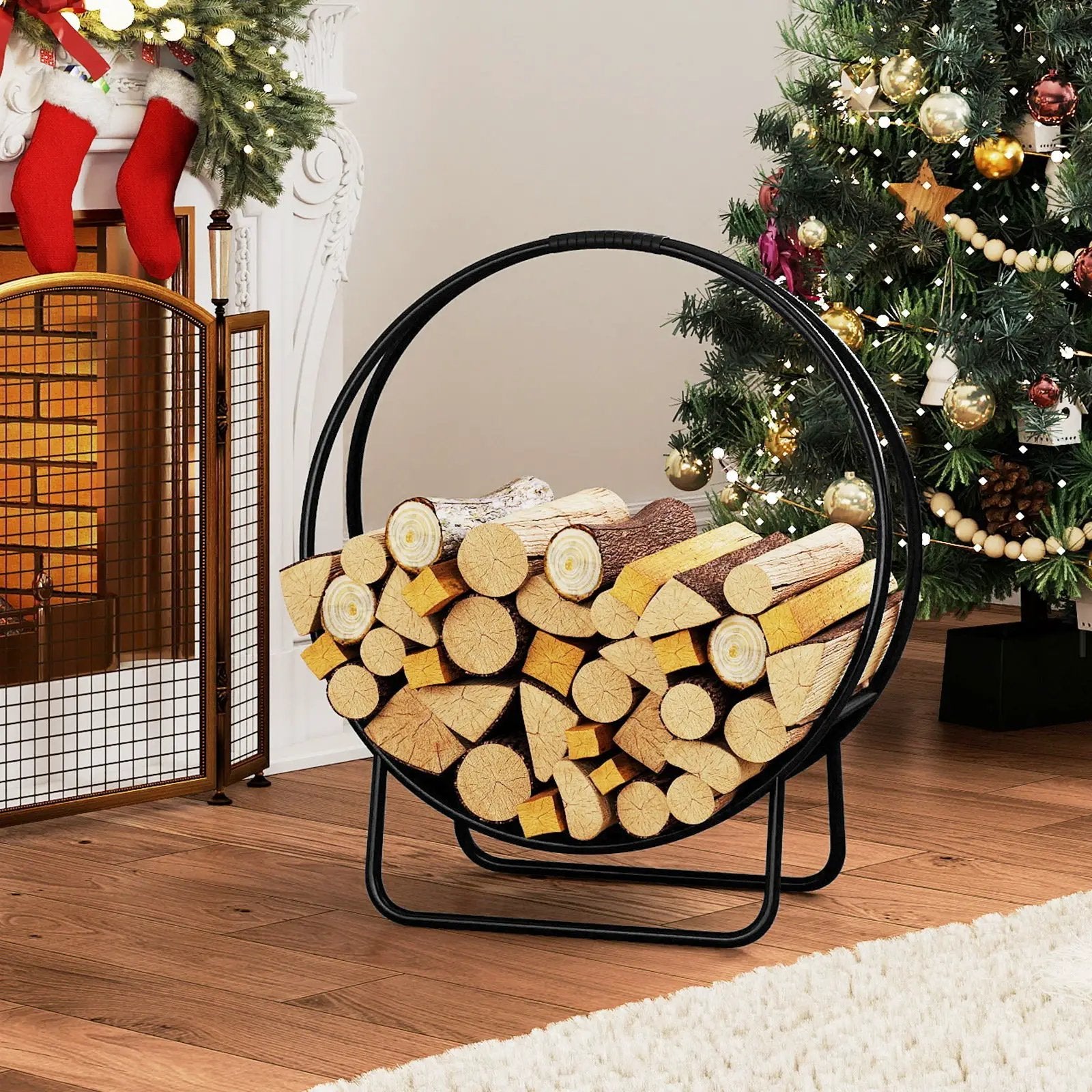 Firewood Log Hoop 20 Inch Round Heavy-duty Metal Curved Log Rack with Stand by DirectDeals