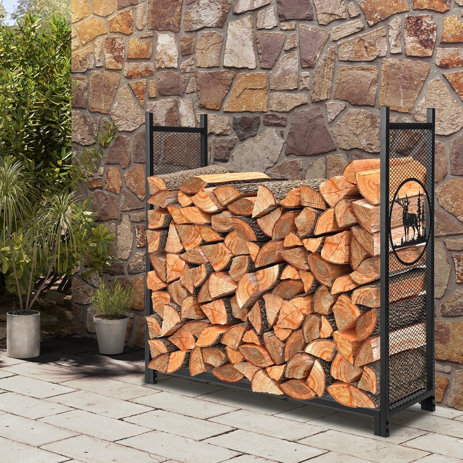 4 Feet Firewood Rack Stand with Mesh Sides by DirectDeals
