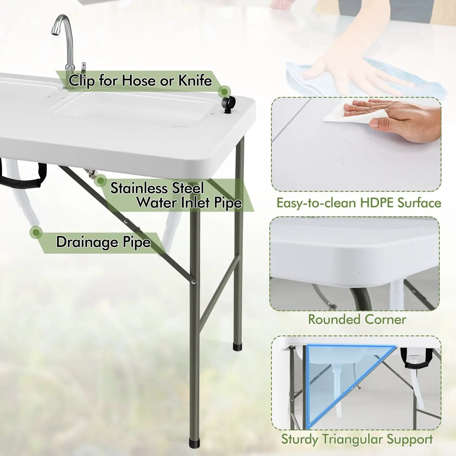 Fish Cleaning Table with 2 Sinks and 360° Rotatable Fauce-White by DirectDeals