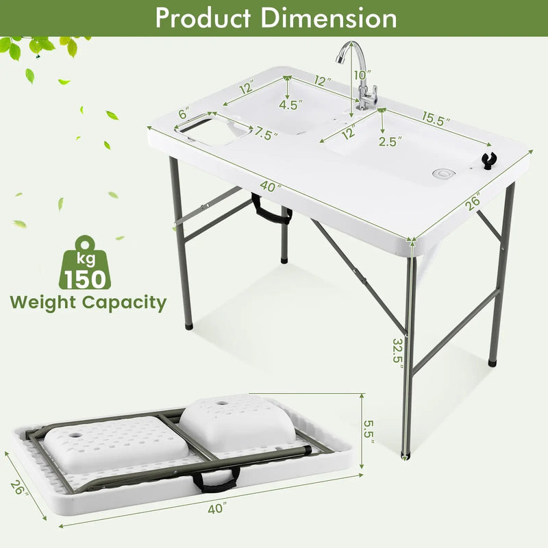 Fish Cleaning Table with 2 Sinks and 360° Rotatable Fauce-White by DirectDeals