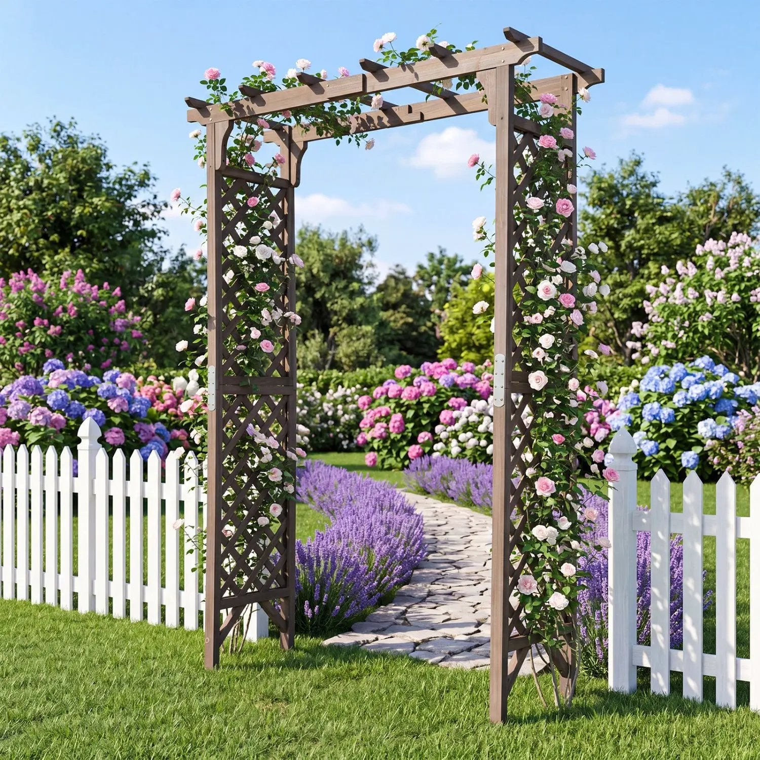 Garden Arch with Gate 85" Tall Wood for Climbing Plants by DirectDeals