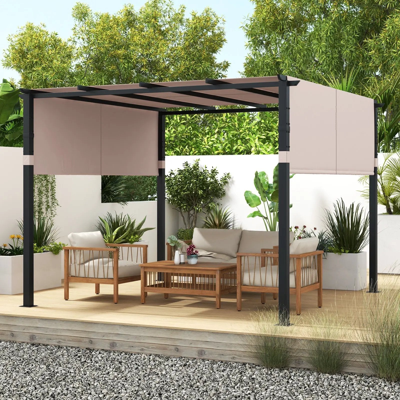 10 x 10 ft Flat Top Pergola with Retractable Canopy for Garden Pool Porch and Backyard by DirectDeals