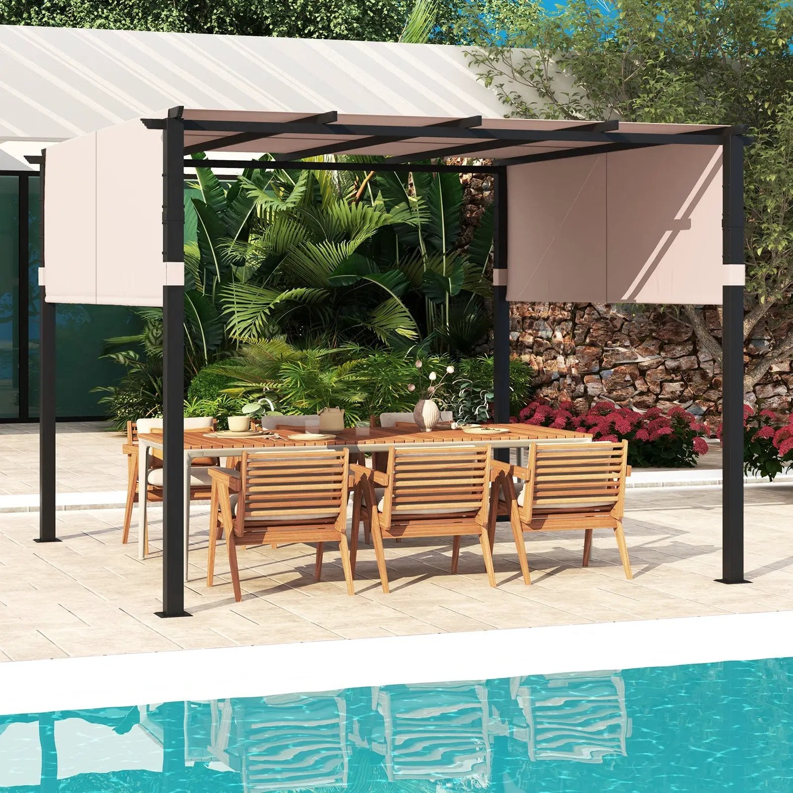 10 x 10 ft Flat Top Pergola with Retractable Canopy for Garden Pool Porch and Backyard by DirectDeals