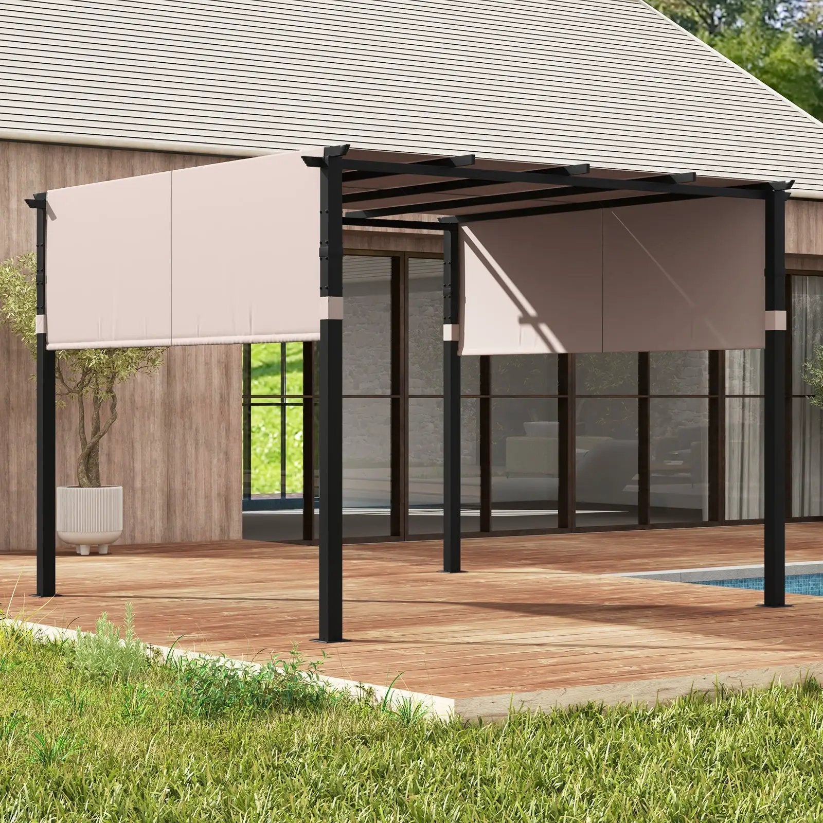 10 x 10 ft Flat Top Pergola with Retractable Canopy for Garden Pool Porch and Backyard by DirectDeals