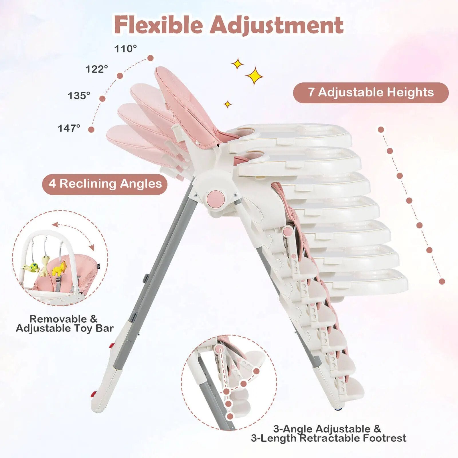 4-in-1 Foldable Baby High Chair with 7 Adjustable Heights and Free Toys Bar by DirectDeals