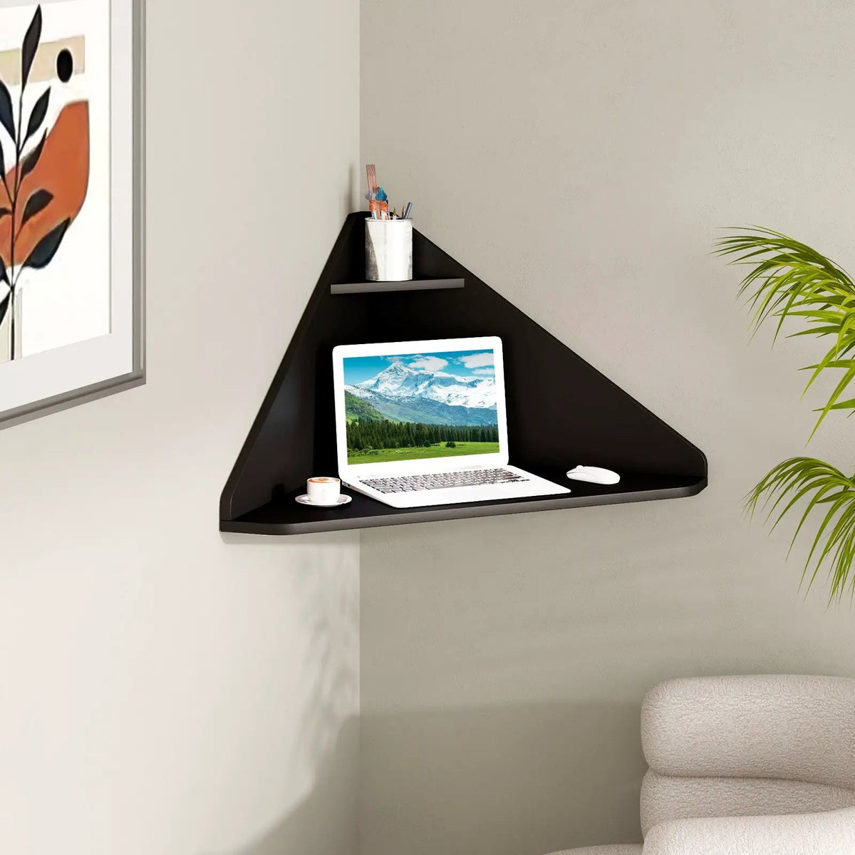Floating Triangular Corner Computer Desk with Storage Shelf, photo 2 of 9