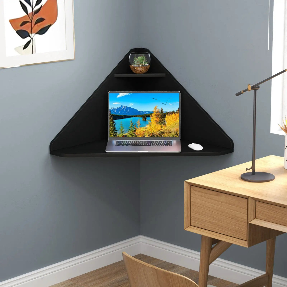 Floating Triangular Corner Computer Desk with Storage Shelf, photo 5 of 9