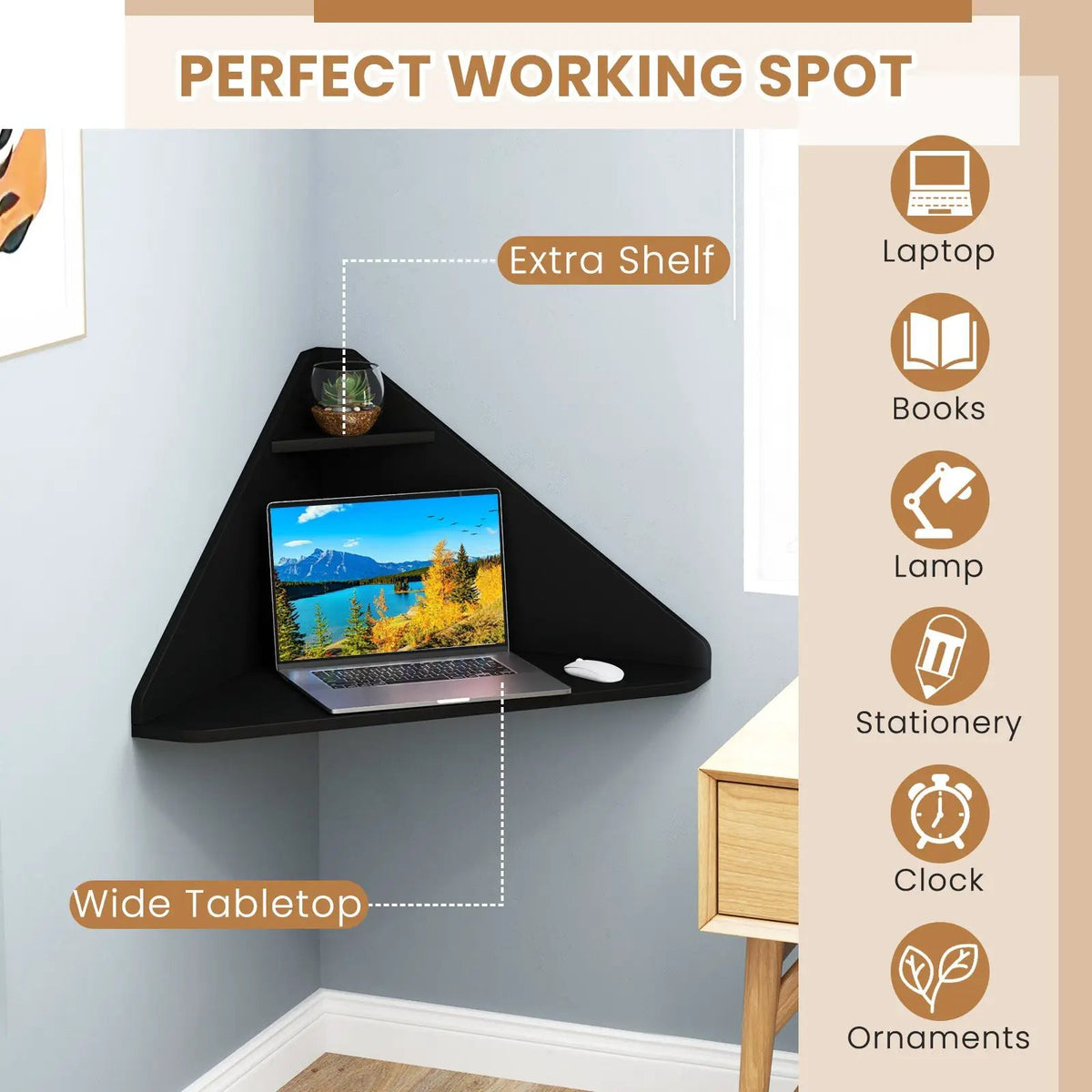 Floating Triangular Corner Computer Desk with Storage Shelf, photo 7 of 9