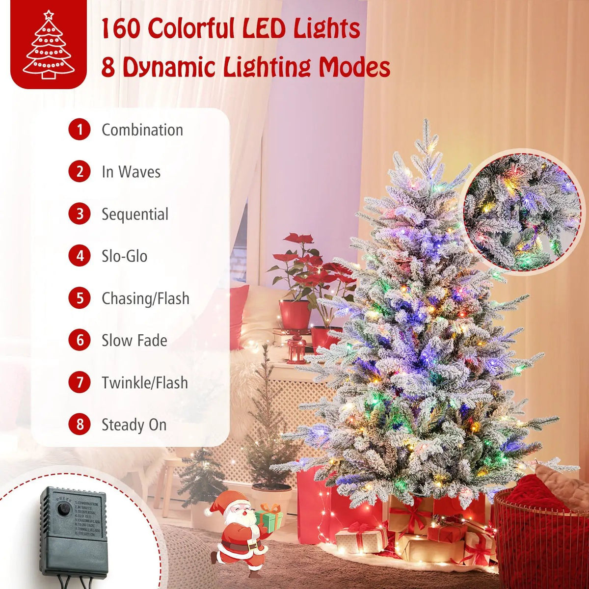 7 Feet Flocked Christmas Tree with 8 Lighting Modes and Multi-Color LED Lights, photo 7 of 24