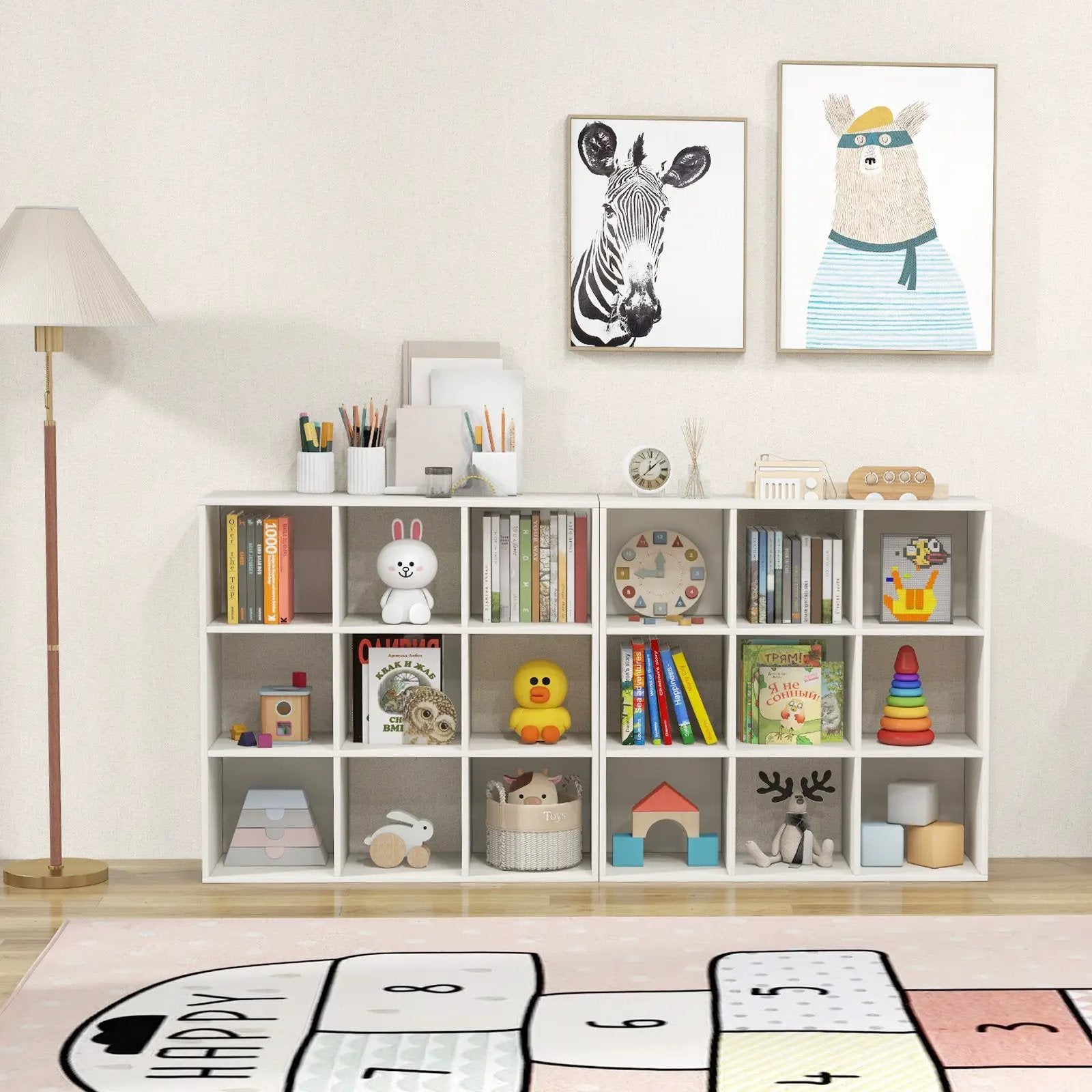 Wooden Kids Bookcase with Storage Cubbies and Anti-toppling Devices-White by DirectDeals