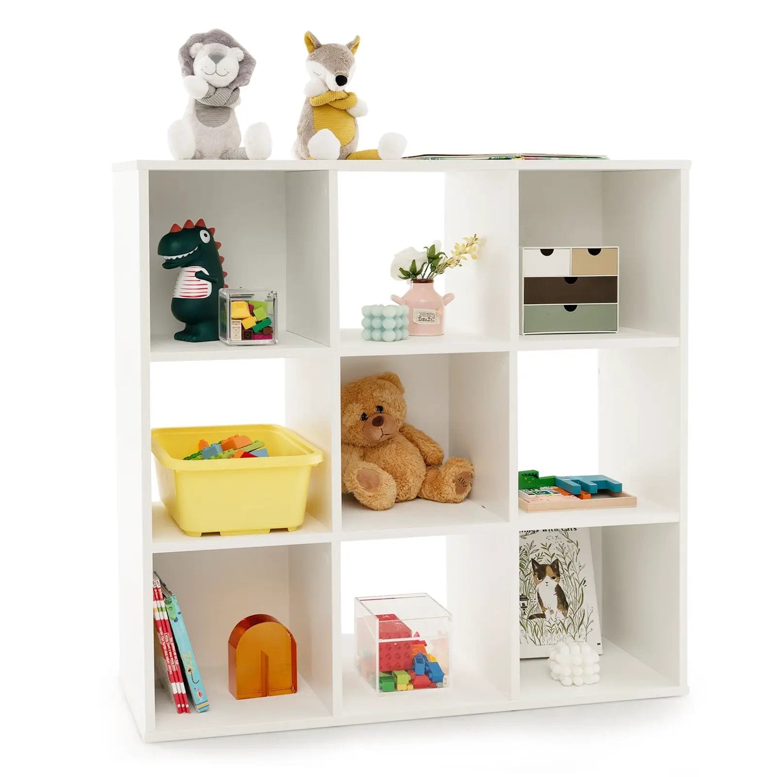 Wooden Kids Bookcase with Storage Cubbies and Anti-toppling Devices-White by DirectDeals