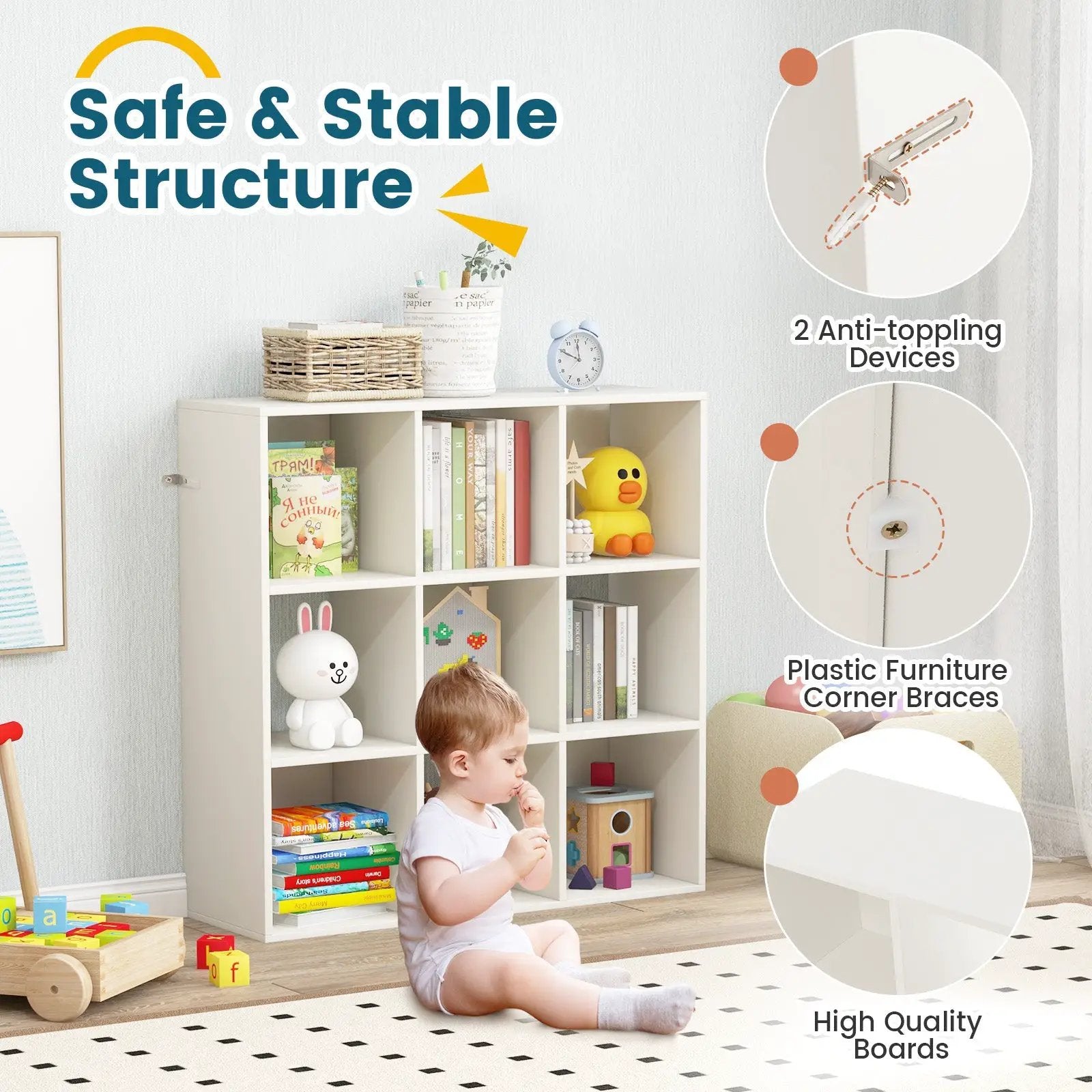 Wooden Kids Bookcase with Storage Cubbies and Anti-toppling Devices-White by DirectDeals