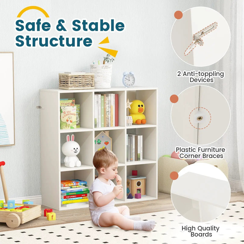 Wooden Kids Bookcase with Storage Cubbies and Anti-toppling Devices-White by DirectDeals