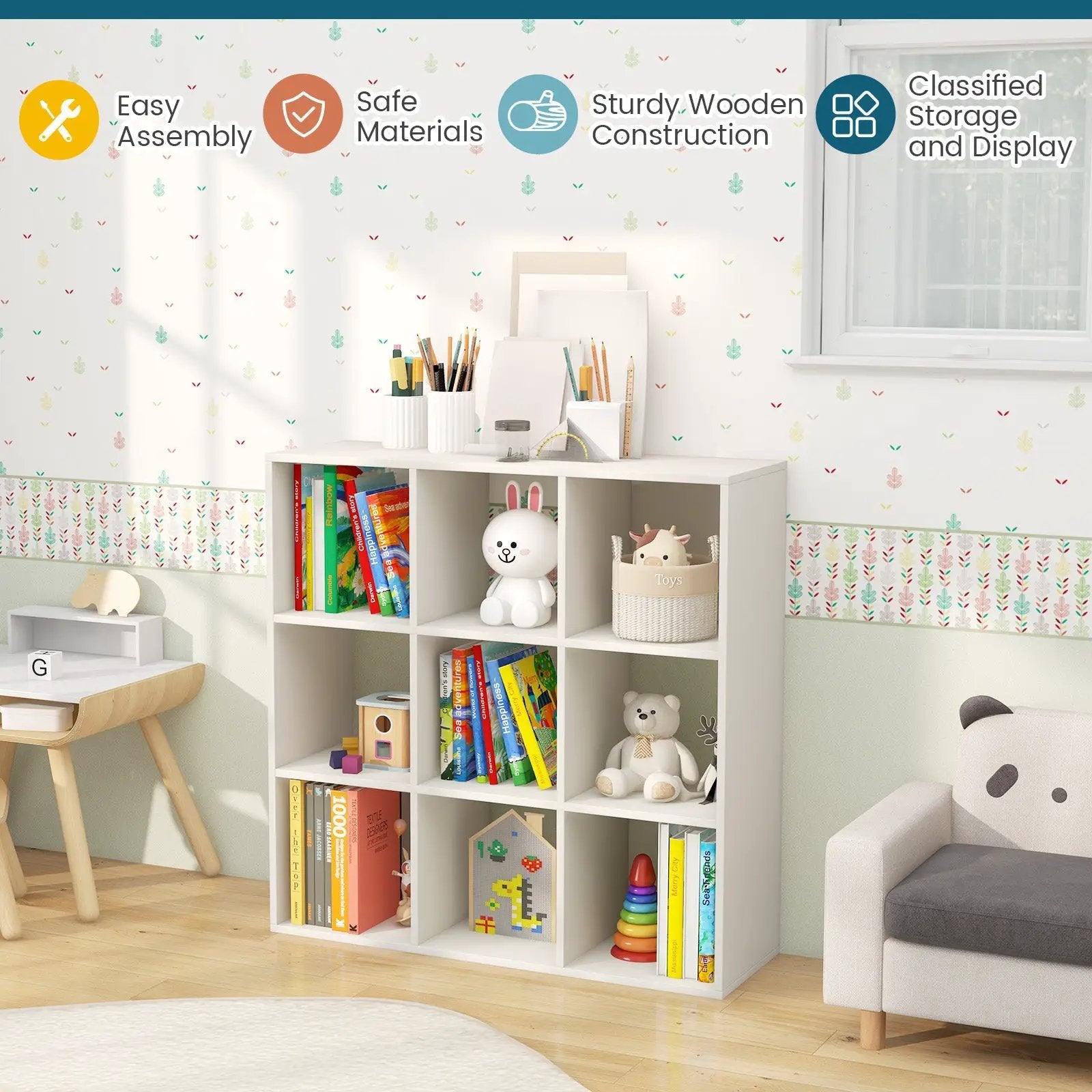 Wooden Kids Bookcase with Storage Cubbies and Anti-toppling Devices-White by DirectDeals